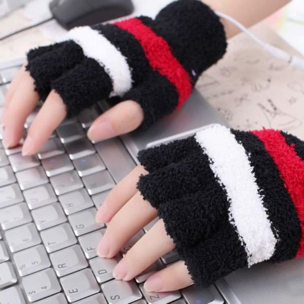 

five fingers gloves usb heating winter patchwork hand warm heated without mittens fingerless warmer mitten striped thick guantes, Blue;gray