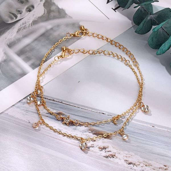 

2020 women's crystal gold chain simple anklet female bohemian pentagram moon pendant leg foot jewelry ank jlldau, Red;blue
