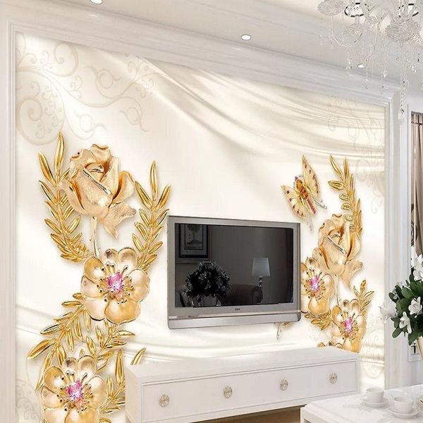 

new custom 3d large mural wallpaper three-dimensional golden rose jewelry children's room tv background living bedroom