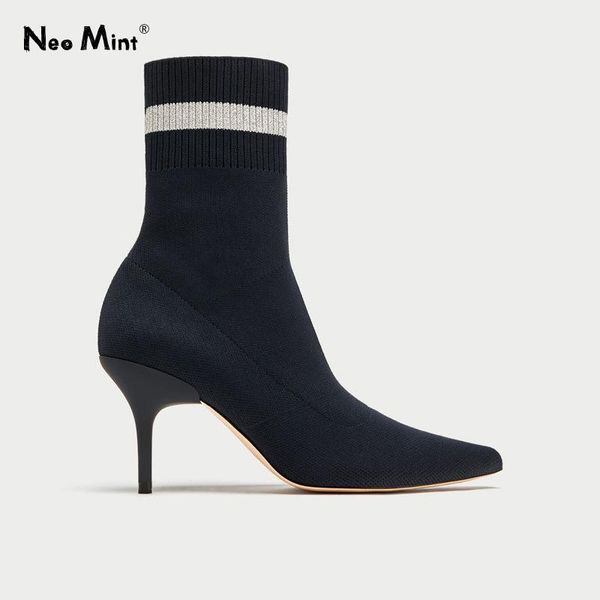 

boots 2021 knitted sock women pointed toe ankle for stiletto heels winter high shoes woman, Black