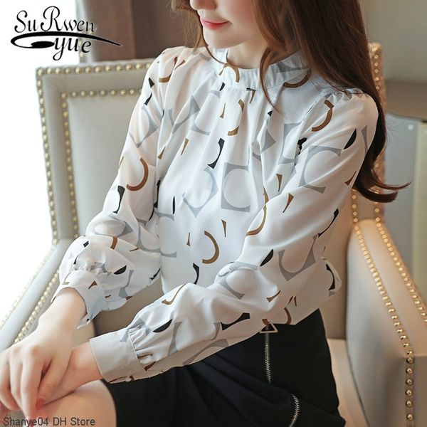 

fashion clothing casual long sleeve korean chiffon women blouse print o-neck blouse white black slim autumn ladies 6053 50 y200828