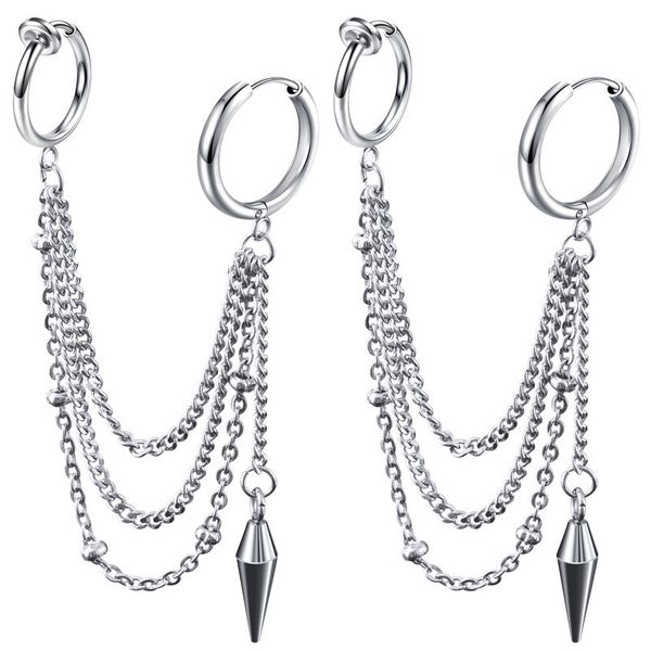 

zzchain double earrings clip without ear long hole men's personality hip hop street stud female fashion single, Silver
