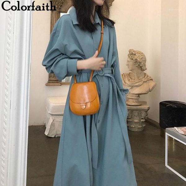 

colorfaith new 2020 autumn winter women dresses sashes fashionable prairie chic elegant casual midi solid shirt dress dr5121, Black;gray