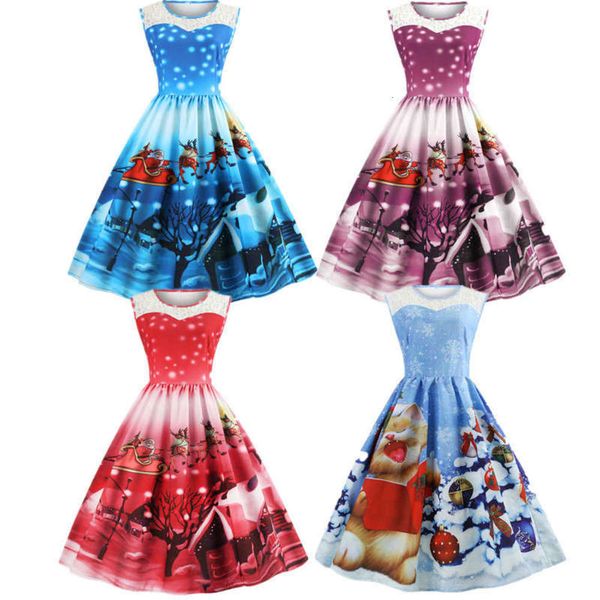 

sleeveless hepburn christmas print swing stitched dress, Black;gray