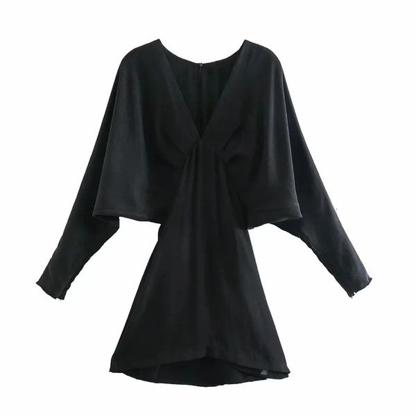 

2021 new pleats black mini women autumn winter v neck batwing long sleeve short dress vintage back zip casual dresses lijx, Black;gray