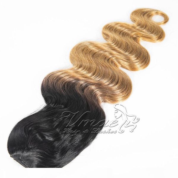 

brazilian virgin human ponytail cuticle aligned 1b 27 two tone black blonde ombre color 120g long body wave clip drawstring hair extensions