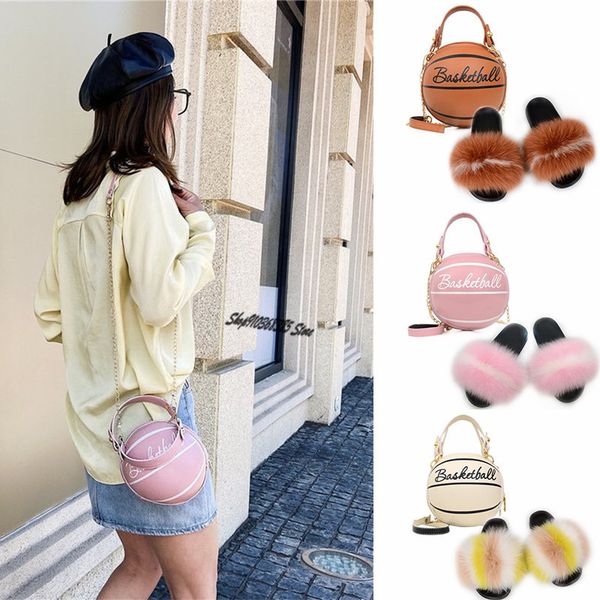 

new ladies fashion basketball bag set chain messenger bags women fox fur slippers fluffy plush slides summer sandals furry shoes y1202, Black