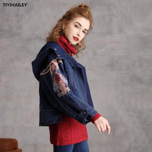 

tiyihailey 2021 fashion embroidery denim women vintage chinese short jeans coats jackets with hood full sleeve, Tan;black