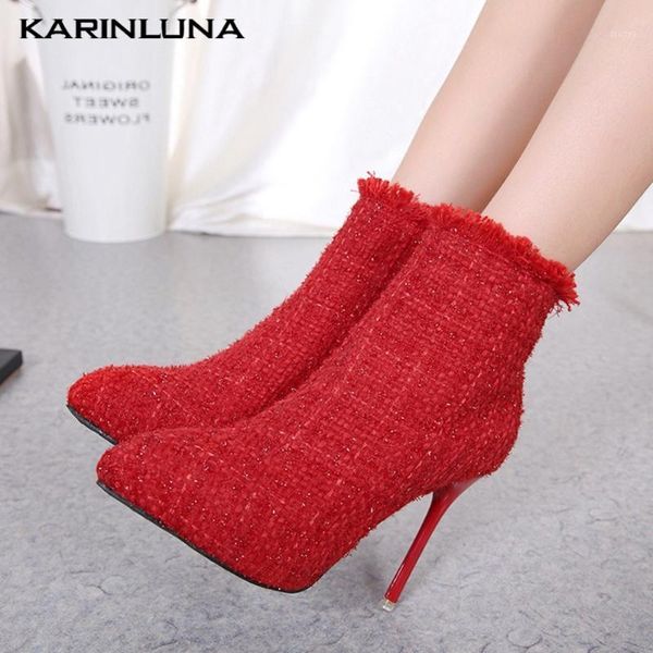 

karin big size 40 leisure flock thin high heels pointed toe short plush ankle autumn boots1, Black