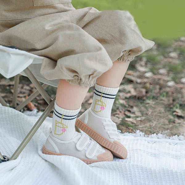 

kids summer cotton long socks with print children toddler baby girls boys spring funny cute kawaii white school sock drawings g220223, Pink;yellow