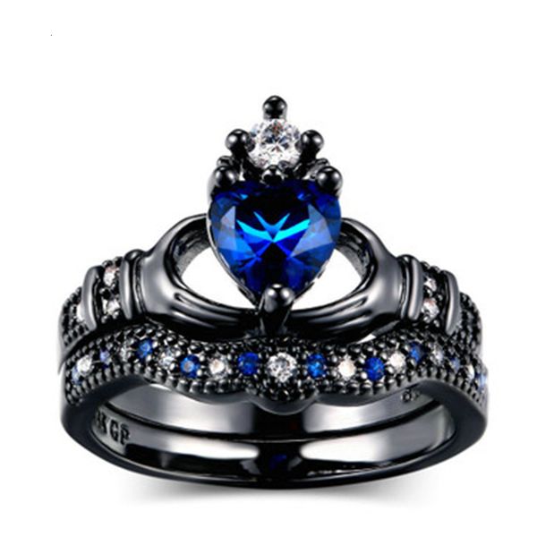 

blue double set ring fashion women's holding heart crown hand jewelry, Silver