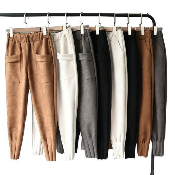

2019 women autumn winter pencil pants fashion high waist elastic pockets suede harem pants black slim plus size trousers femme, Black;white