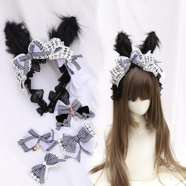 

japanese style soft girl alice's handmade plush ear bow headwear black white plaid lolita kc hairpin edge clip headband1
