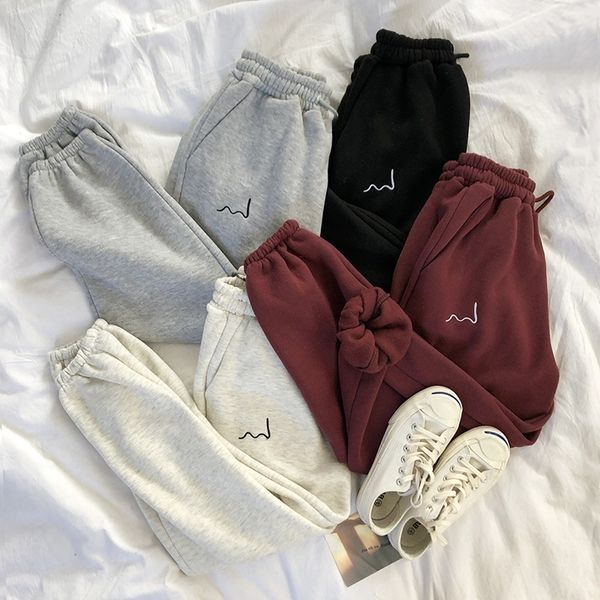 

casual female loose korean style thick embroider fleeced lined sweatpants winter baggy harem jogger pants 50b4, Black;white