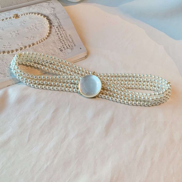 

women's sweet elastic pearl decoration lolita coat hanfu fashion belt waist chain, Black;brown