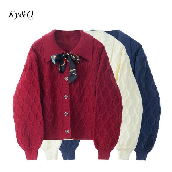 

2020 christmas new women cardigan sweater silk scarf fashion gentle versatile elegant jacket lapel long sleeve knitted coat, White