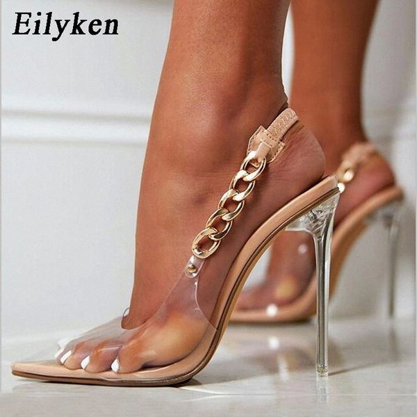 

eilyken transparent pumps women pointed toe chain design crystal heel ladies shoes stiletto high heels wedding dress shoes #dl1t, Black
