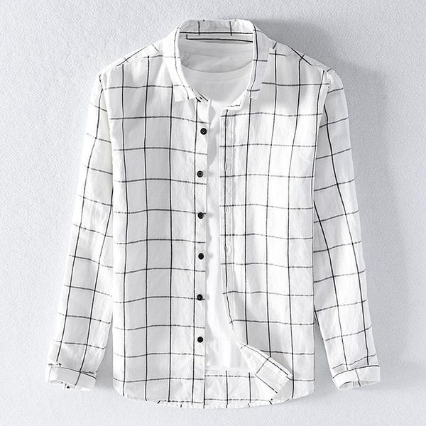 

men's casual shirts 2021 long-sleeved linen plaid shirt men brand fashion for spring white comfortable, White;black