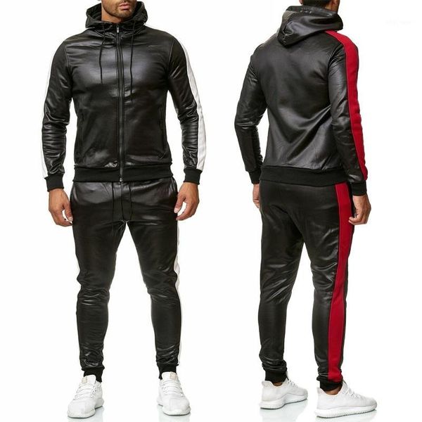 

zogaa men's pu leather hoodies set 2 piece casual sweatsuit hooded jacket and pants jogging suit tracksuits men1, Gray