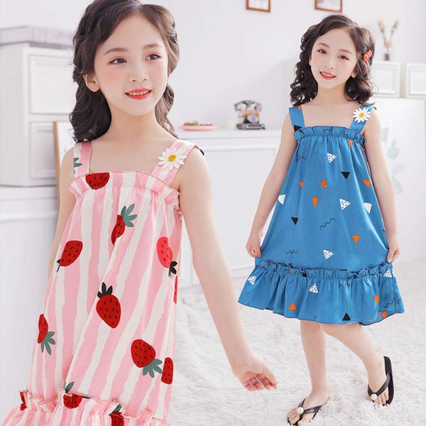 

wear girls' home pajamas summer ice new middle school nightgown simulation silk children's drs, Blue;red