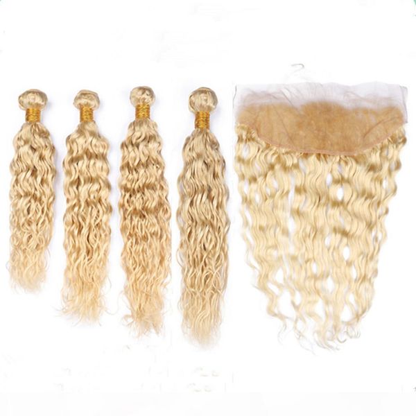 

#613 blonde indian virgin human hair wet and wavy weaves with frontal closure 4bundles blonde water wave hair wefts with 13x4 lace frontal, Black;brown