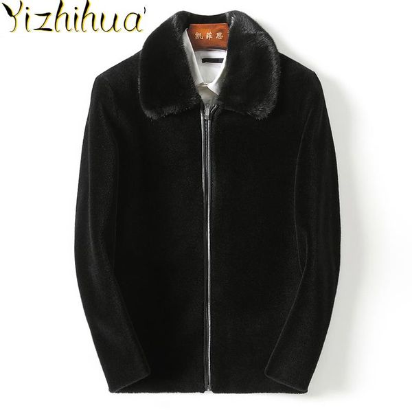 

azazel autumn winter real fur coat men sheep shearing 200% wool jacket real collar plus size 2020 kfs28m203-2 kj3800, Black