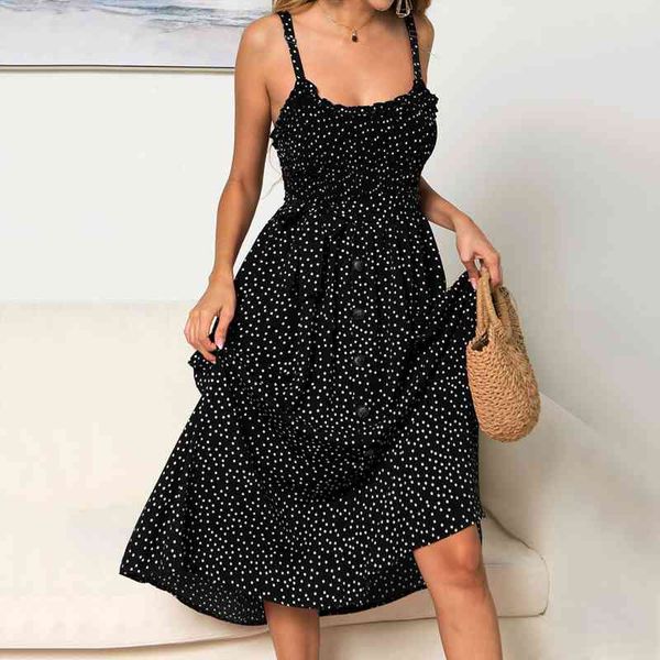 

french flowers elegant midi dress women fashion casual sleeveless sling with flounce female button polka-dot print sashes dress, Black;gray