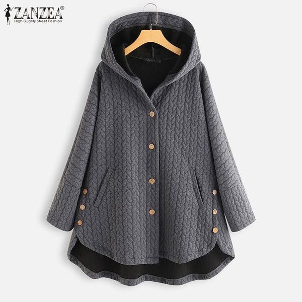 

zanzea 2021 women's winter jackets fashion hooded hoodies long sleeve outwears female single button coats plus size windbreakers, Black;brown