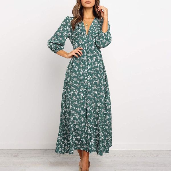 

38# women beach bohemian long dresses women v-neck three quarter sleeve floral print open fork hem maxi dress plus size 5xl1, White;black