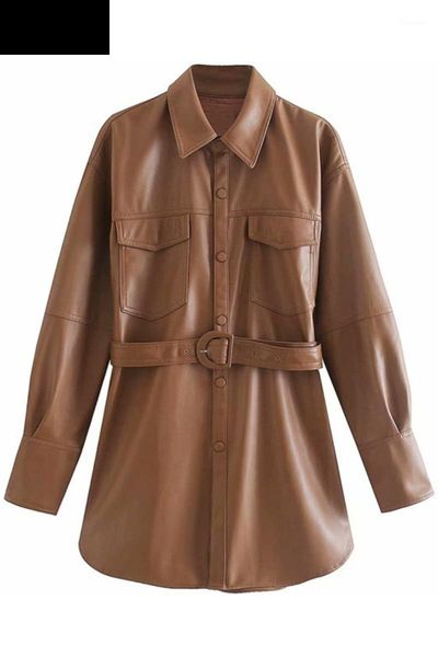 

deat notched collar full sleeves pu leather single breasted waist belt female fashion autumn and winter jacket wn90904l1, Black;brown