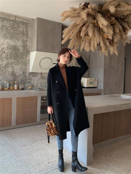 

2020 new good quality hand-stitched woolen coat autumn and winter long double-sided cashmere coat retro double-breasted jacket1, Black