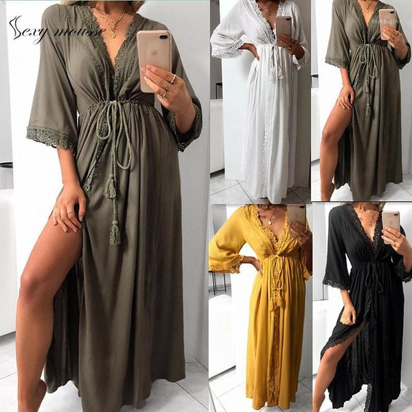 

mousse robe pajamas bathrobe women's long dress soft hollow out lace tie waist slim fit casual v-neck dress sleepwear sloth1, Black;red