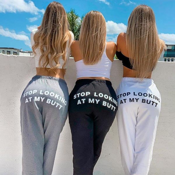 

stoop looking at my butt printed casual joggers women pants streetwear leisure jogging trousers drawstring hip hop capri, Black;white