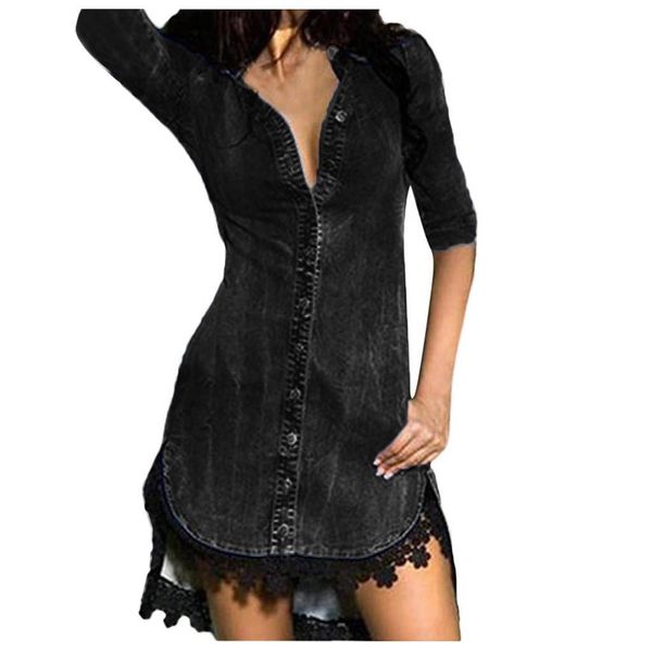 

women button down denim jacket and club ladies lace jeans long shirt dress jacket women chaquetas mujer 2019, Black;brown