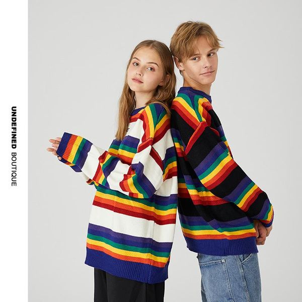 

pullover men autumn winter loose rainbow stripe sweater men's sweater brand oversized men fashion knitted, White;black