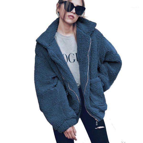 

joineles 9 colors women's fashion jacket long sleeve lapel zip faux wool oversized jacket pocket warm winter warm coat outwear1, Black;brown