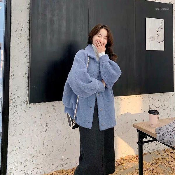 

bat sleeve korean version 2020 new autumn and winter women's loose imitation mink velvet long-sleeved solid color jacket1, Black