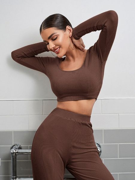 

ribbed crop & high waisted wide-leg pants set z1fc#, White