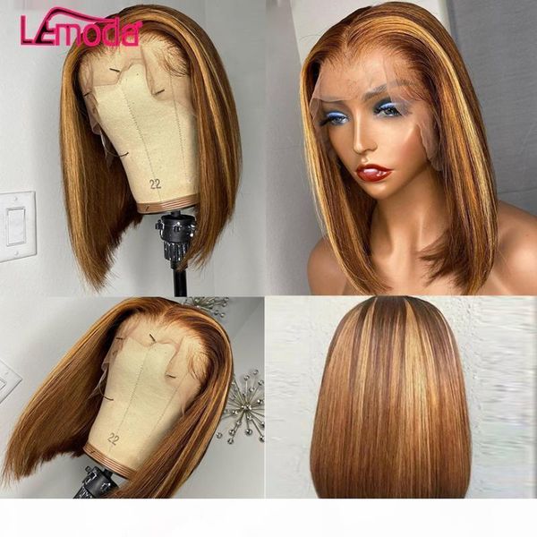 

highlight bob wig short ombre colored human hair wigs brown hair brazilian 150% remy lemoda 13x4 hd tranaparent lace front wig, Black;brown