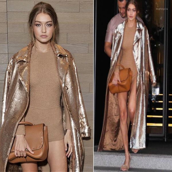 

fashion golden glossy bright full sequined beading female great quality over the knee longer outerwear trench f7331, Tan;black
