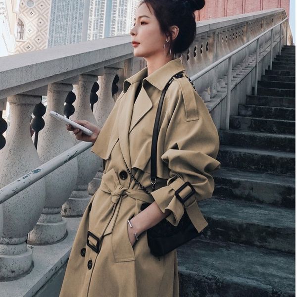 

2020 new fashion this year women's windbreaker women's middle long khaki korean loose over the knee british jacket, Tan;black