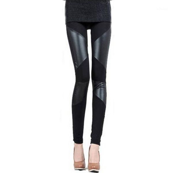 

wholesale- womens leggings new fashion stitching stretchy faux leather skinny leggings pants, Black