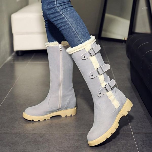 

boots ymechic 2021 winter ladies snow mid calf high zipper buckle strap design gray black brown plus size woman shoes1