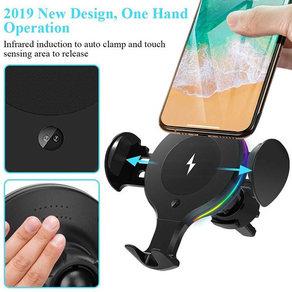 

10w qi wireless car charger rgb light automatic clamping fast charging phone holder mount in car for iphone12 xs huawei samsung wjjdz