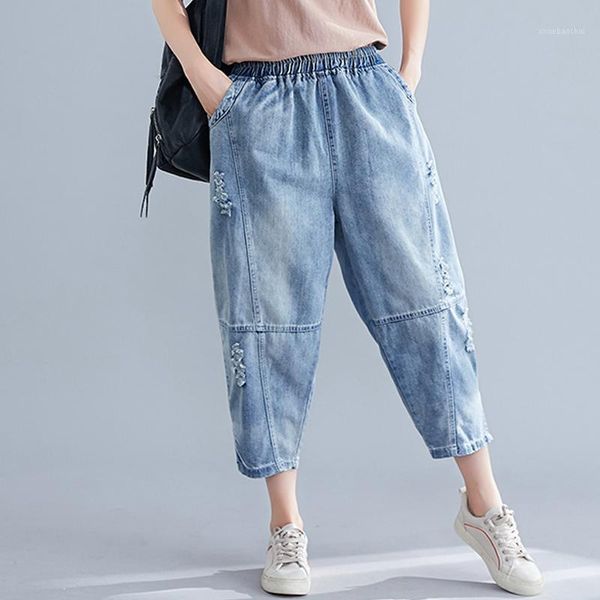 

2020 summer new patchwork women jeans high waist pocket haren calf length female pants, Blue