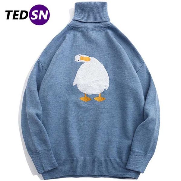 TEDSN Maglione lavorato a maglia dolcevita Anatra Oca Uomo Donna Cartoon stile coreano Maglione Harajuku Pullover Streetwear Oversize Inverno 220108