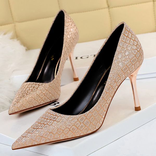 

female fashions 2021 glitter 8.5cm high nightclub bombs serpentine bling stiletto wedding heels scarpins prom shoes w7kp, Black