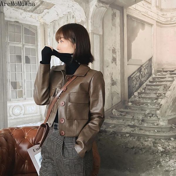 

women's leather & faux aremomuwha female short paragraph 2021 autumn small jacket was thin high waist slim pu motorcycle clothing501, Black