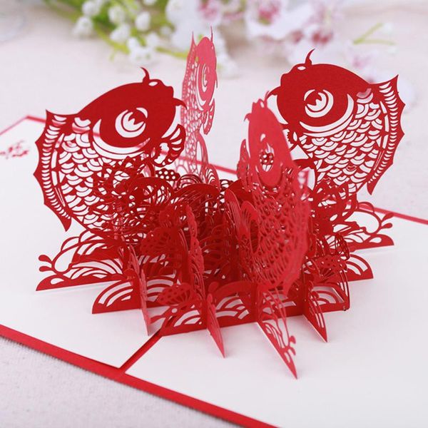 

15x15cm openwork folding pig paper carving up new year gratitude spring festival fish red greeting card auspicious gift 3d
