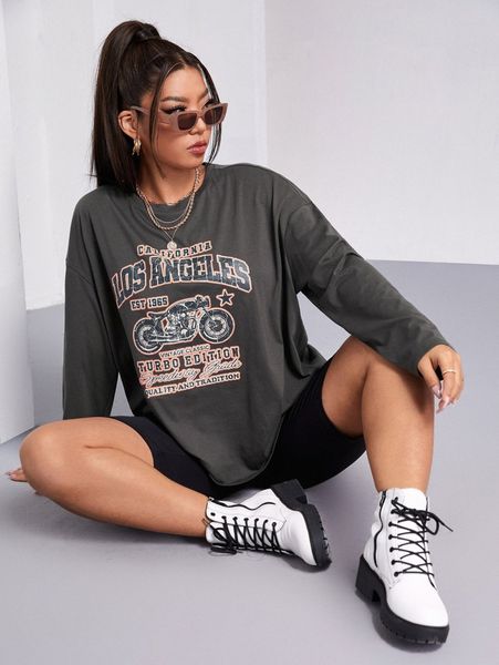 

plus motorcycle & slogan print round neck tee 67j9#, Black